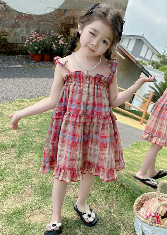 Boutique Red Square Collar Plaid Patchwork Kids Mid Dress Summer Mega Sale