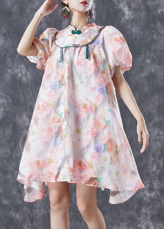 Chinese Style Pink Mandarin Collar Print Silk A Line Dress Puff Sleeve Premium Fashion