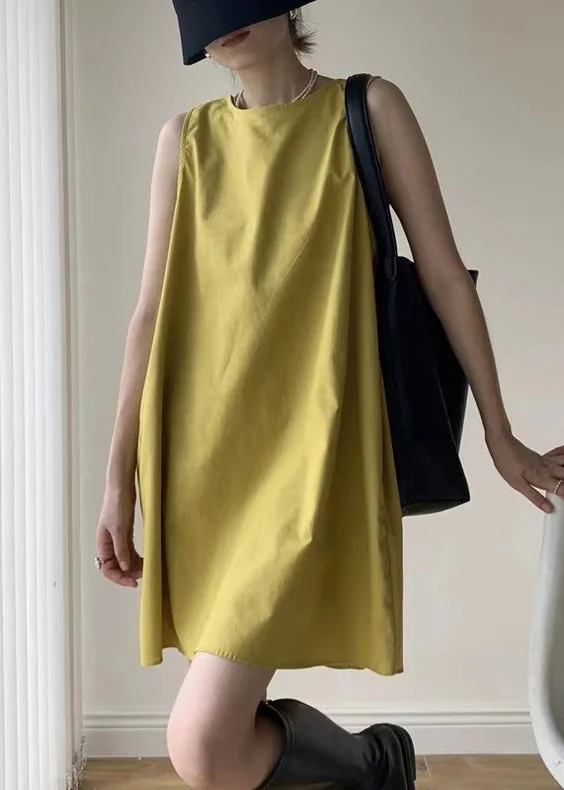 Casual Yellow O Neck Patchwork Cotton Mid Dresses Sleeveless Chic Style, Always In Vogue