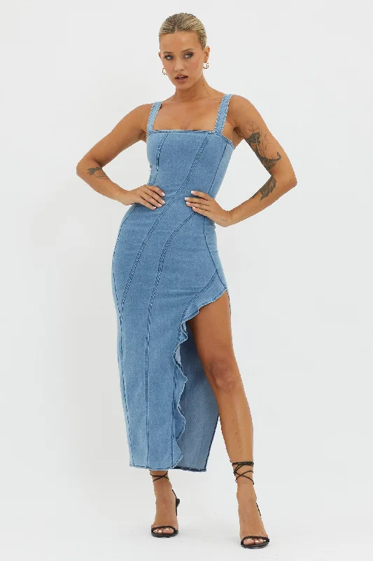 Catriona Ruffle Split Midi Dress Denim Fashion Forward Outfits