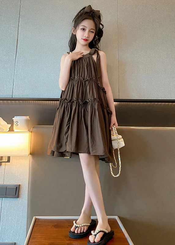 Style Coffee Ruffled Patchwork Solid Slip Mid Dresses Summer Pastel Styles