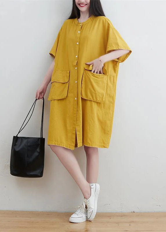 Yellow Linen Maxi Dresses O-Neck Oversized Short Sleeve Colorful Clothing