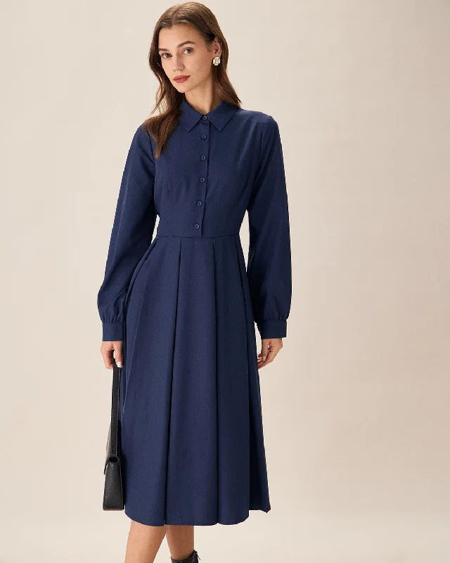 Navy Pleated Button Midi Dress Trendy Aesthetics