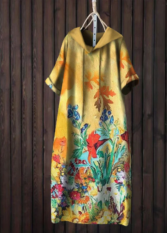 Women Yellow Hooded Print Patchwork Cotton T Shirt Dress Summer Fashionista Favorites