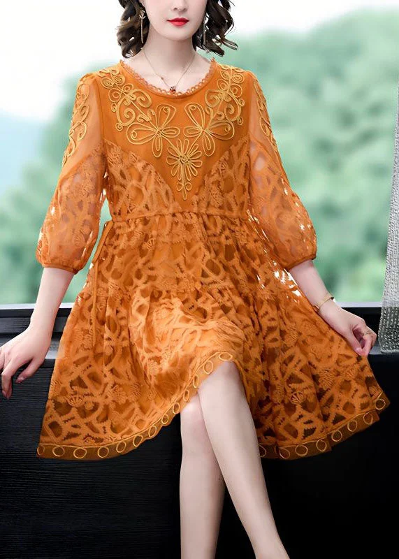 Style Orange Embroideried Patchwork Tulle Mid Dress Summer Huge Price Cut