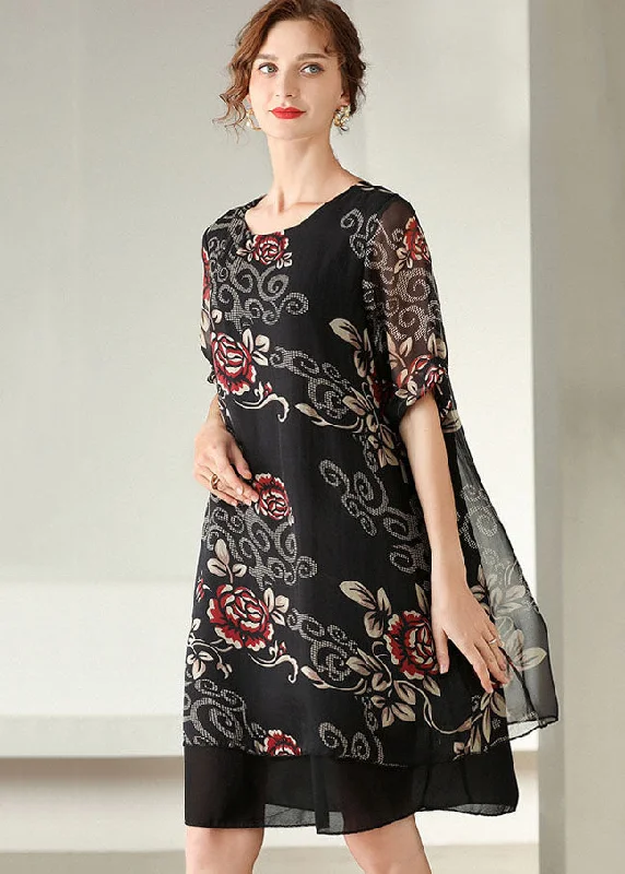 Modern Black O Neck Print Patchwork Silk Dress Summer Clearance Event