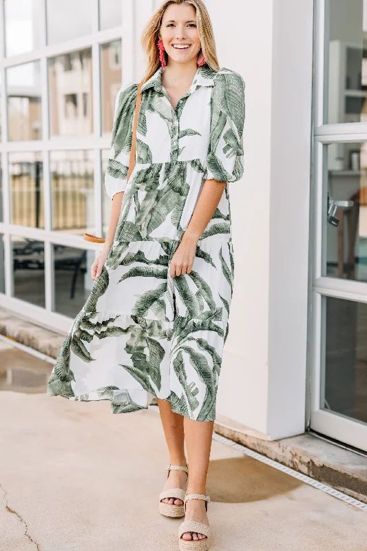 Show Your Heart Green Palm Print Midi Dress Step Ahead, Lead The Trend