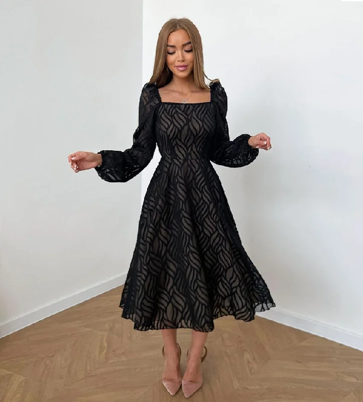 BerriesJam - Lantern Sleeve Jacquard Black A-Line Dress Comfort First Women's Fashion