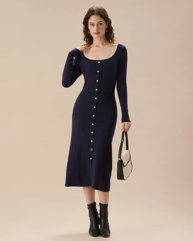 Navy Contrasting Button-Up Sweater Dress Limited Stock