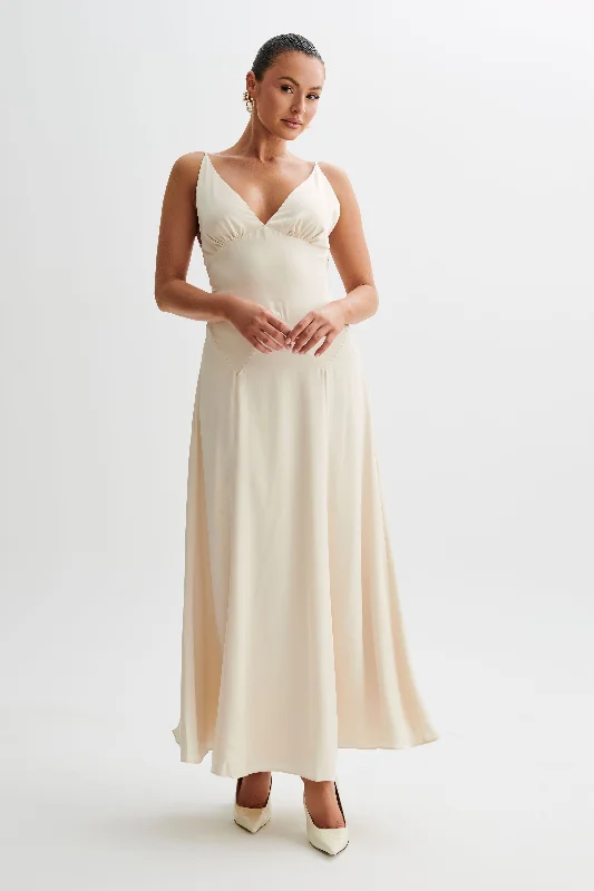 Kamala Low Back Satin Maxi Dress - Sand Fashion Sale