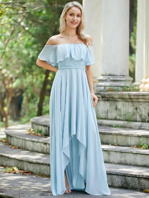 Elegant Chiffon High-Low Off The Shoulder Bridesmaid Dress Classic Timeless Elegant Style