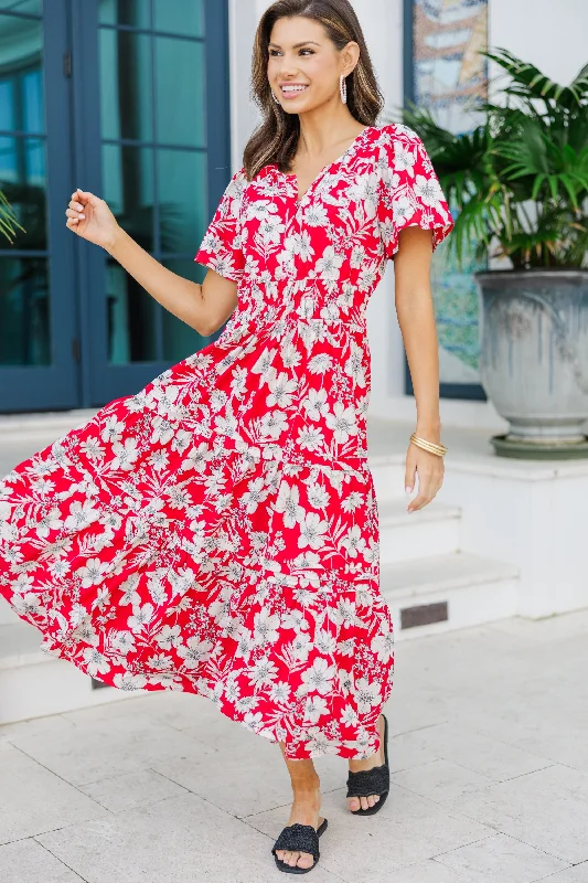 It's In The Air Red Floral Tiered Midi Dress Unleash Your Fashion