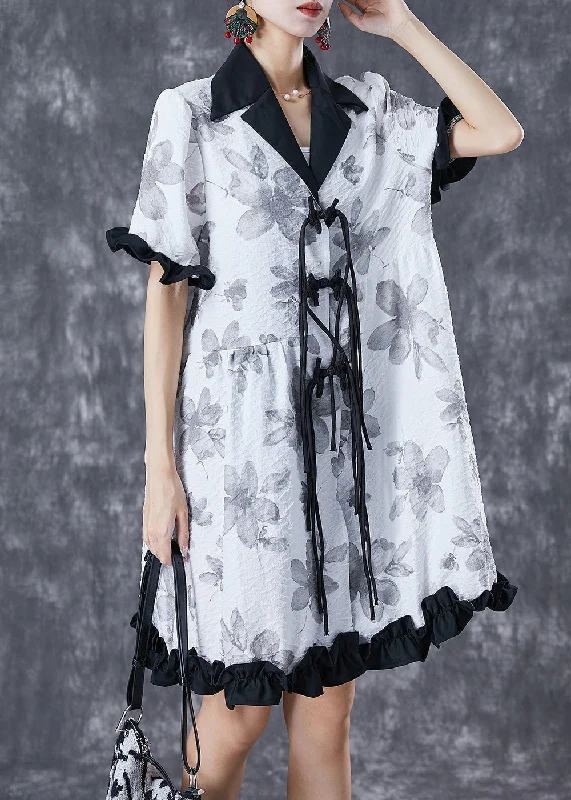 Chic White Chinese Button Ruffled Patchwork Jacquard Dress Summer Style Upgrade