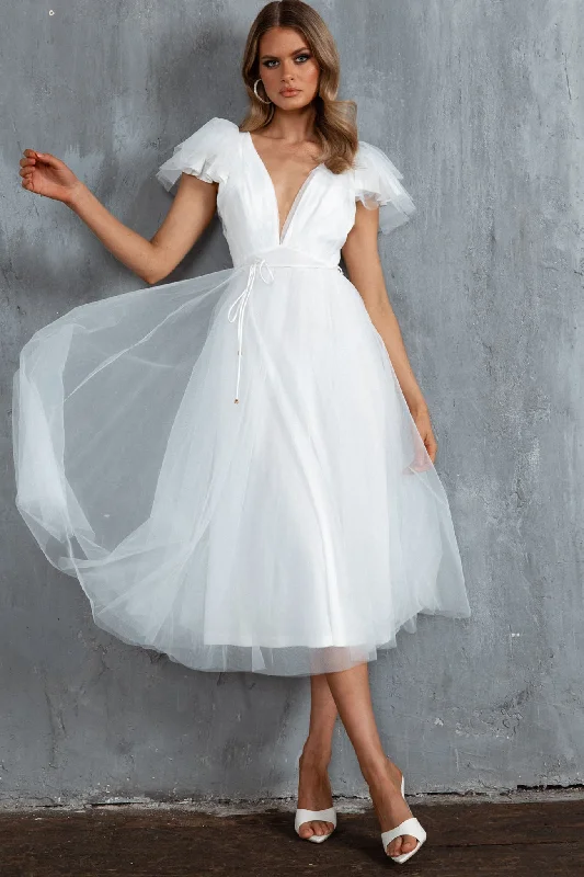 Leap Of Faith Frill Shoulder Tulle Midi Dress White Chic Style