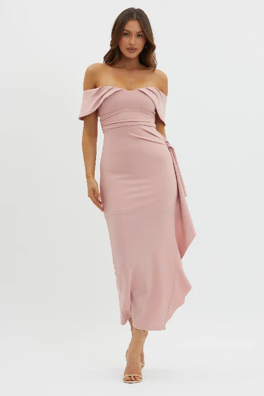 Lillianne Off-Shoulder Side Ruffle Maxi Dress Blush Trend Forward Women's Wear