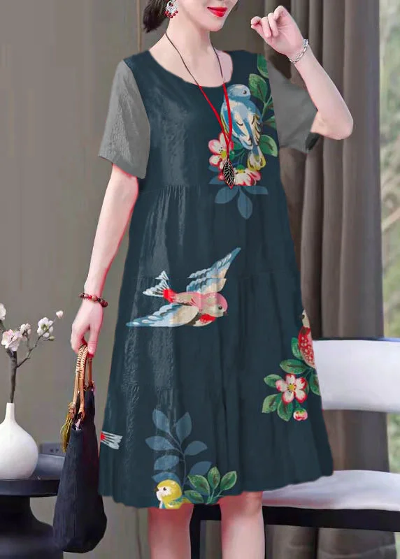 French Blue Bird print Cotton clothes o neck pockets Art summer Dresses Innovate Your Wardrobe