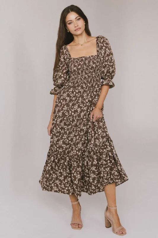 Kiran Floral Midi Dress in Brown Hot Styles