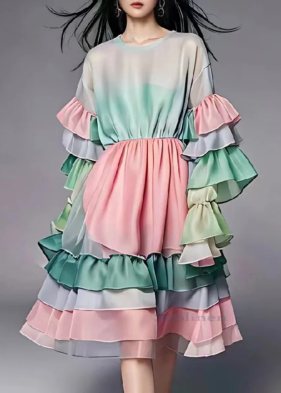 Fitted Gradient Color Wrinkled Patchwork Chiffon Mid Dresses Long Sleeve Trend Driven Wardrobe