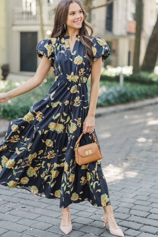 Always On My Mind Black Floral Midi Dress Fashion Sale