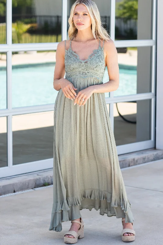 Lock Eyes Olive Green Crochet Maxi Dress End Of Season Sale