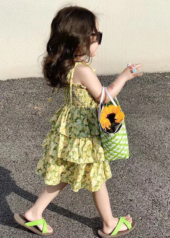 Cute Yellow Print Wrinkled Patchwork Chiffon Baby Girls Sundress Summer Chic Outfits