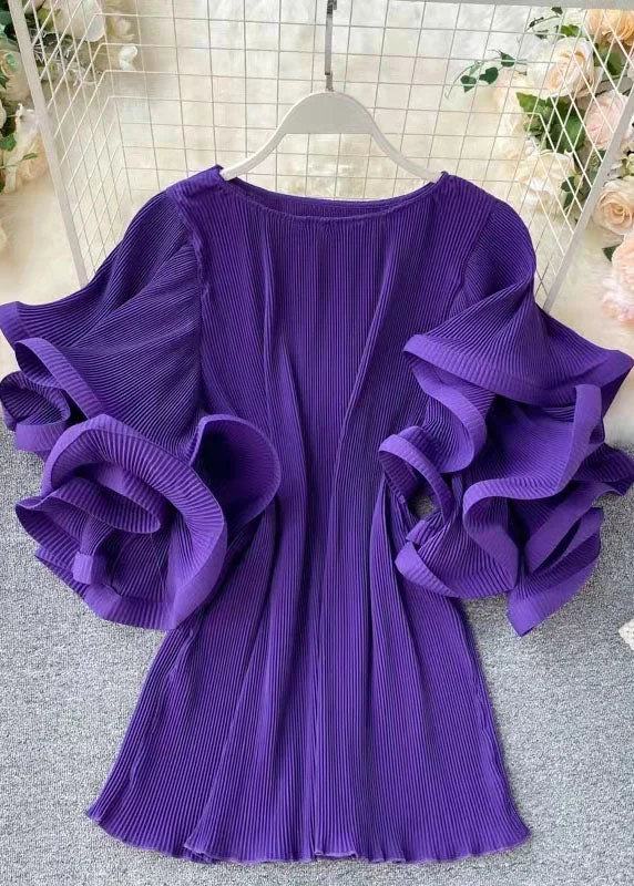 Loose Purple O-Neck Patchwork Chiffon Mini Dresses Butterfly Sleeve Hot Trends