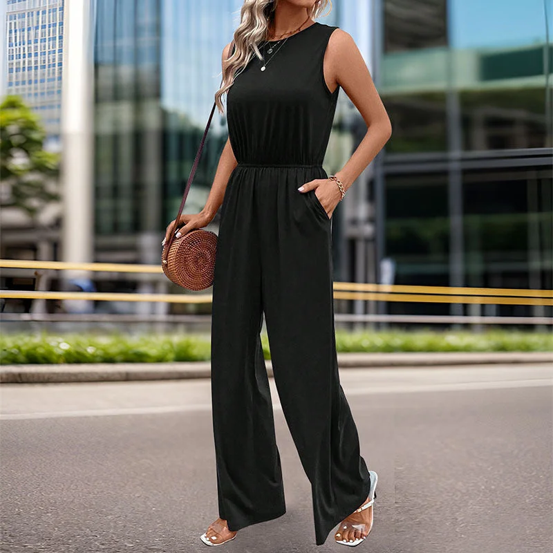 IKEARLAX 2025  women's clothing sleeveless simple commuter jumpsuit high-waisted elastic-waisted jumpsuit straight-leg trousers Elegant Clothing