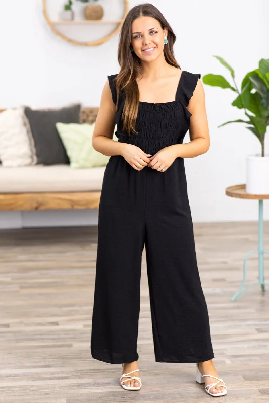 Black Smocked Bodice Ruffle Strap Jumpsuit Fashion-Forward