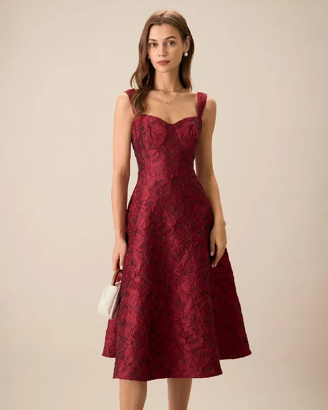 The Red Sweetheart Neck Jacquard Midi Dress Mega Sales