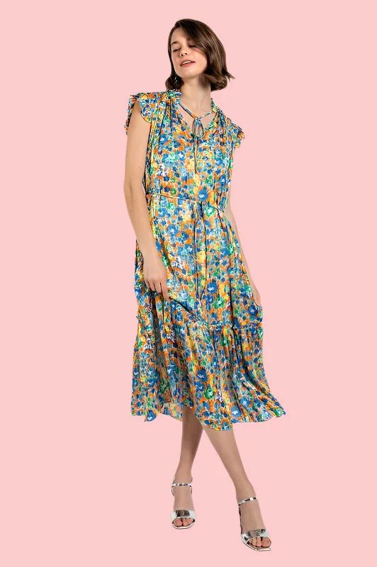 Remy Floral Print Lulex jacquard Woven Midi Dress Trendy Urban Attire