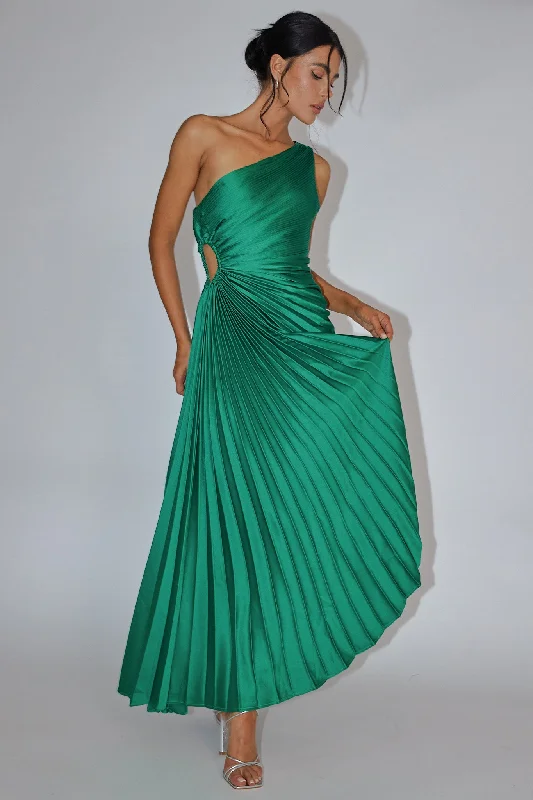 Brooklynn One-Shoulder Accordion Pleat Dress Kelly Green Clearance Event