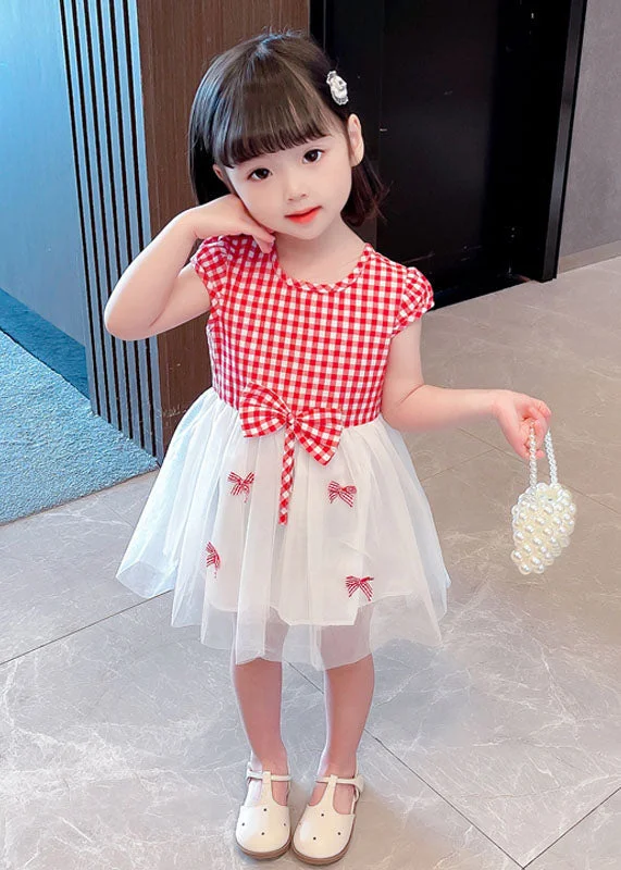 Stylish Red Plaid O Neck Bow Patchwork Tulle Baby Girls Dress Summer Mid - Week Surprise