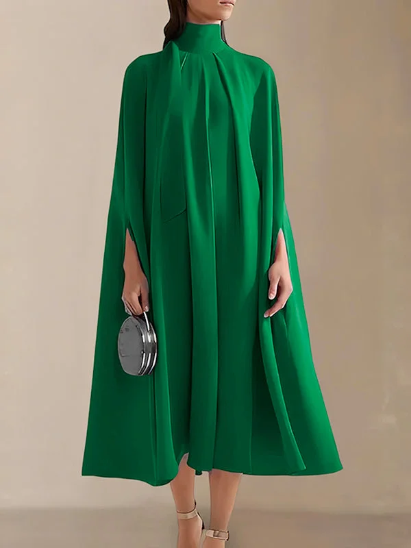 Simple Batwing Sleeves Lace-Up Modern Solid Color High-Neck Midi Dresses Latest Fashion