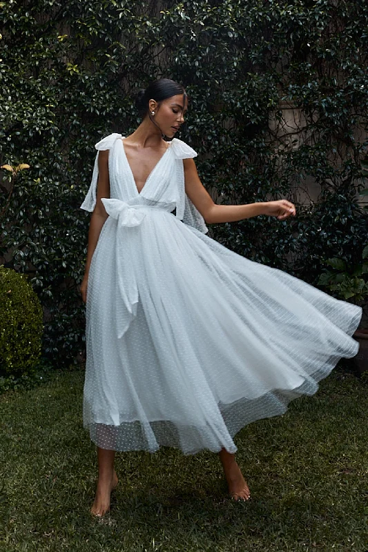 First Waltz Bow Shoulder Hail Spot Midi Dress Off White Exclusive Sale