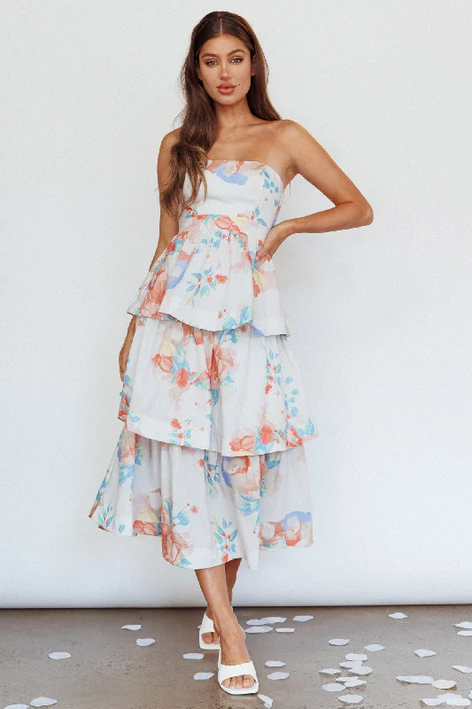 Outshine Strapless Tiered Midi Dress Floral Peach Comfort First Women's Wear