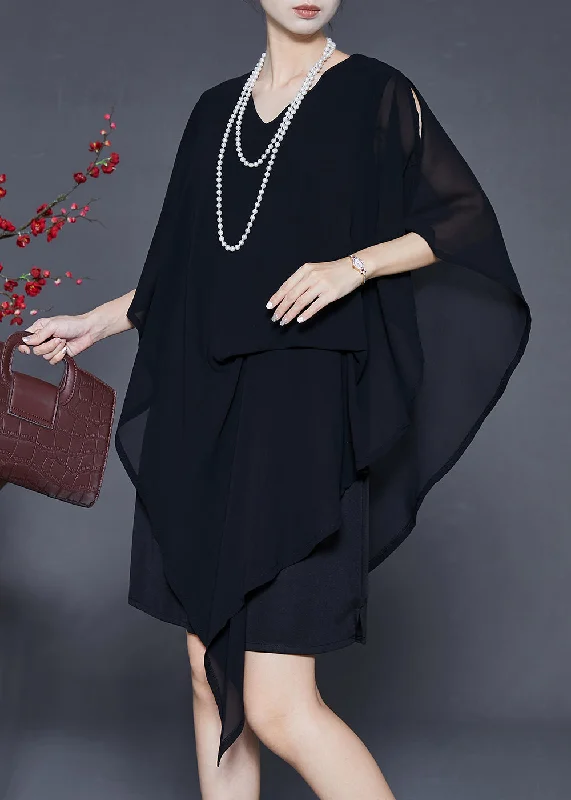 Elegant Black Asymmetrical Cold Shoulder Chiffon Tea Dress Summer Trendsetter's Closet