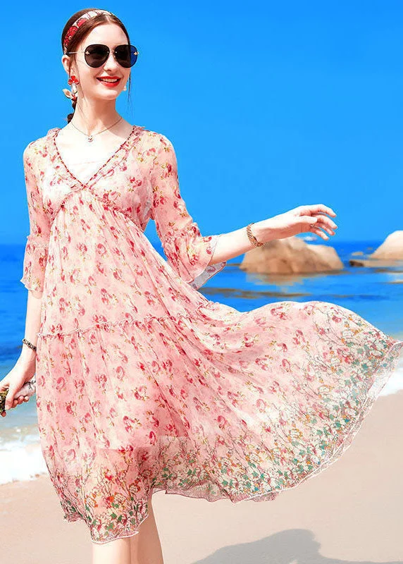 Boutique Pink V Neck Ruffled Print Silk Beach Dresses Half Sleeve Boho - Chic Festival - Ready Style