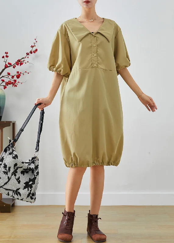 Boho Khaki V Neck Oversized Cotton Mid Dress Lantern Sleeve Fashion Essentials