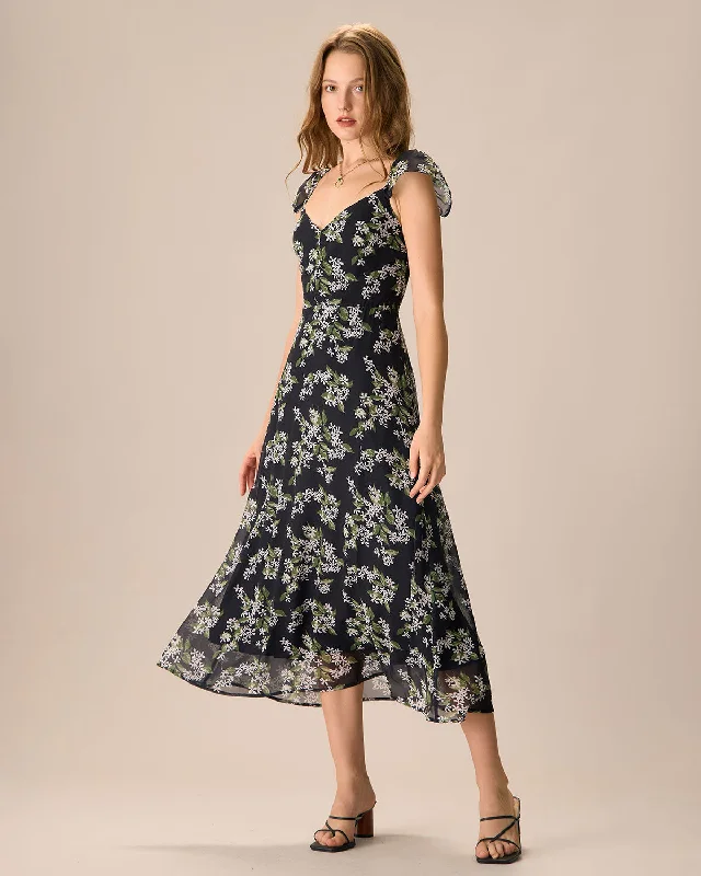 Women's Black Floral Shirred Midi Dress Exclusive Sale