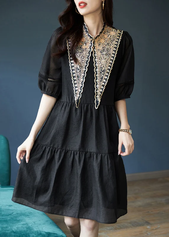 Women Black Patchwork Cotton Mid Dress Puff Sleeve Fashion Forward