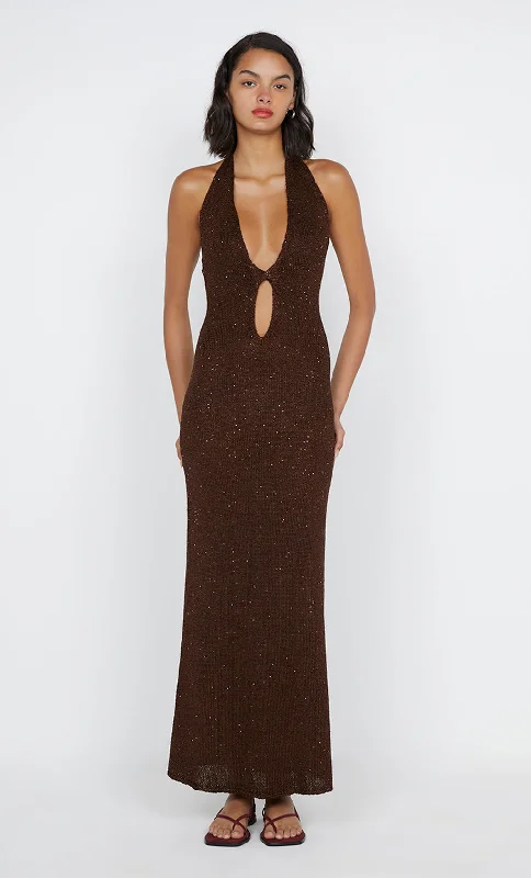 DELFINA SEQUIN HALTER MIDI DRESS - CHOCOLATE Cool Prices