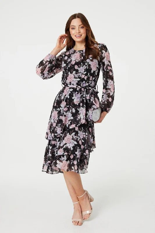 Floral Semi Sheer Layered Hem Midi Dress Stylish Savings