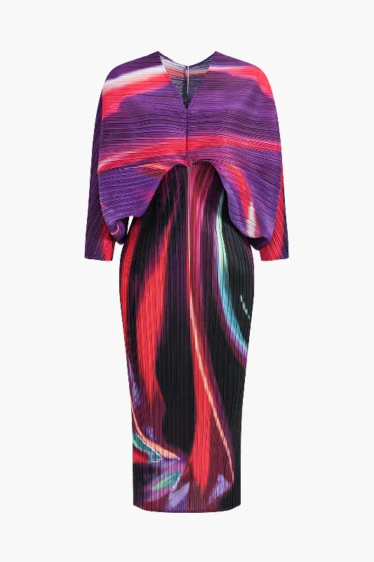 Abstract Print Pleated V-Neck Batwing Sleeve Maxi Dress Urban Femme Streetwear