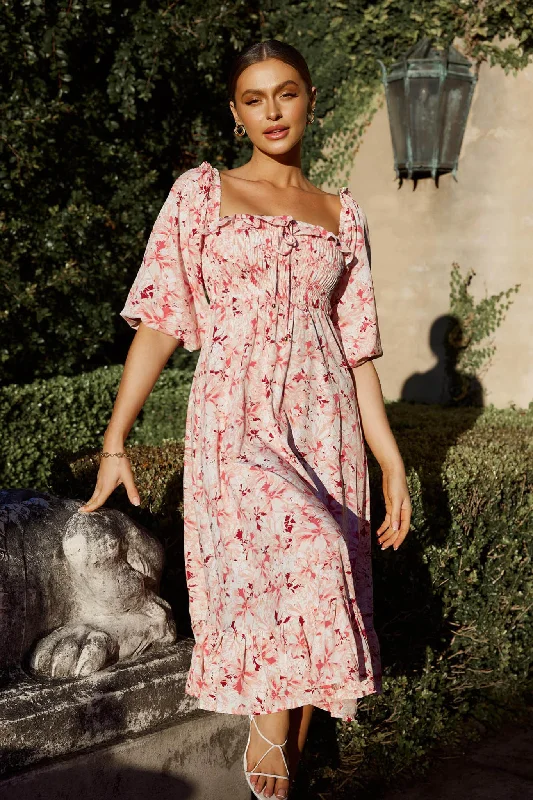 Flynn Balloon Sleeve Shirred Midi Dress Floral Pink Bold Patterns