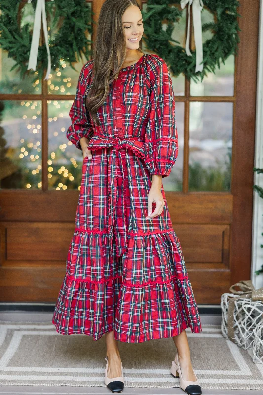 All Good Things Red Plaid Midi Dress Chic Style, Always In Vogue