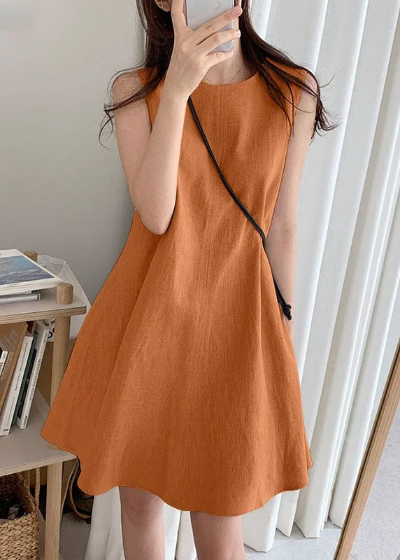 Boho Orange O-Neck Slim Fit Exra Large Hem Cotton Dresses Sleeveless Weekend Exclusive