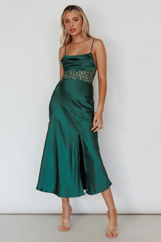 Golden Era Cowl Neck Lace Waist Midi Dress Jade Statement Piece