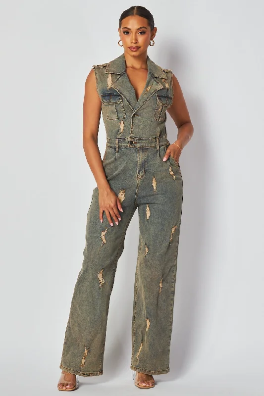 Leanne Sleeveless Cargo Grunge Denim Jean Jumpsuit Fashion Sale