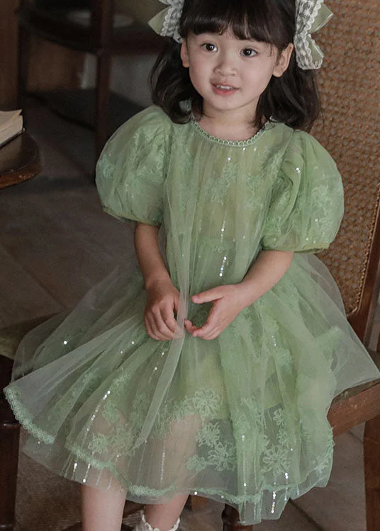 Handmade Green Sequins Patchwork Tulle Kids Girls Dresses Puff Sleeve Daily Deals