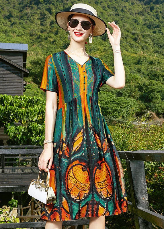 Women Blackish Green V Neck Wrinkled Print Silk Cinch Dresses Short Sleeve Classic Women's Fashion